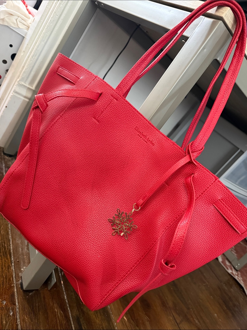 Elizabeth Arden Red Pebbled Tote with Gold Charm